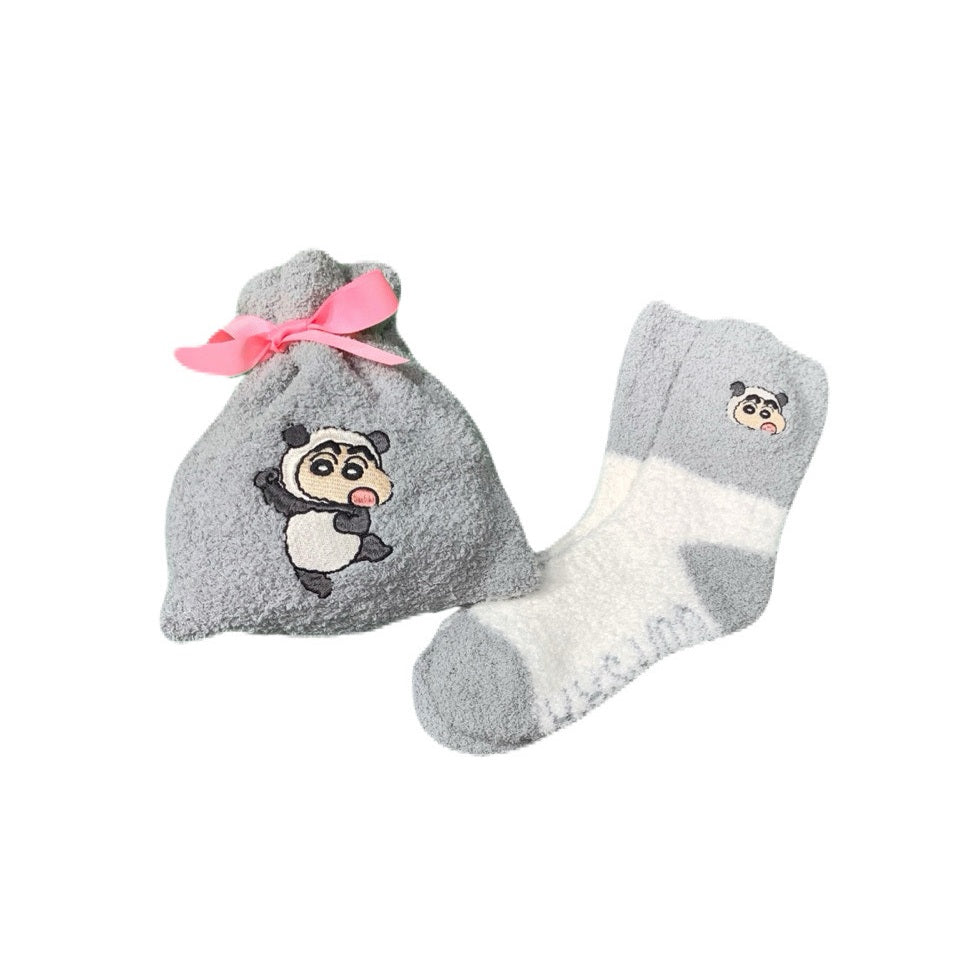 モコモコ靴下in巾着 ねこ/パンダ/シロしんちゃん